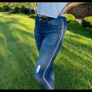 Skinny Blue Jegging w/ Red, White, and Blue Stripe